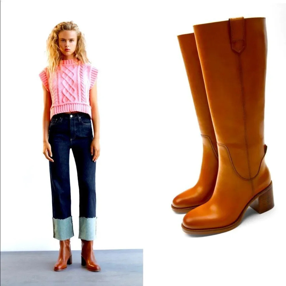 NWOT Zara Cognac Leather Block Heel Knee High Boots